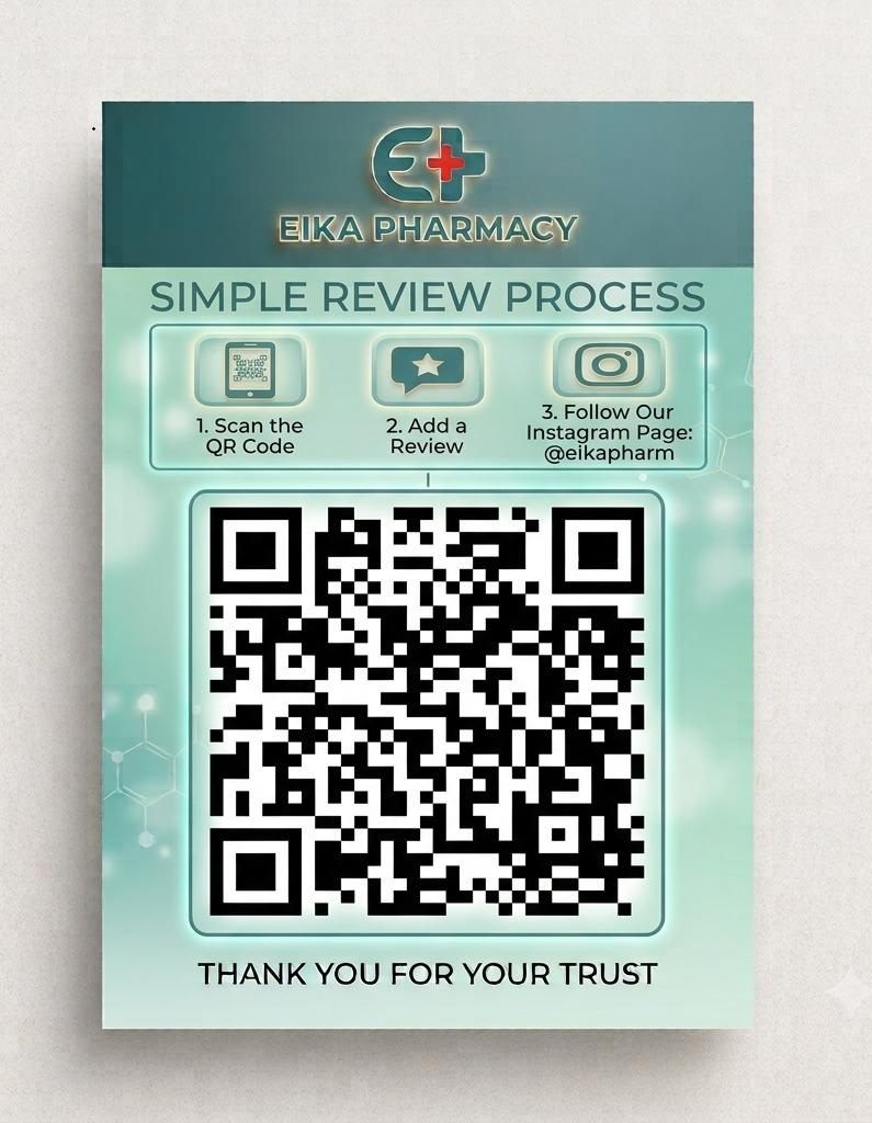 In-store poster: scan the QR code, add a review, then follow @eikapharm on Instagram